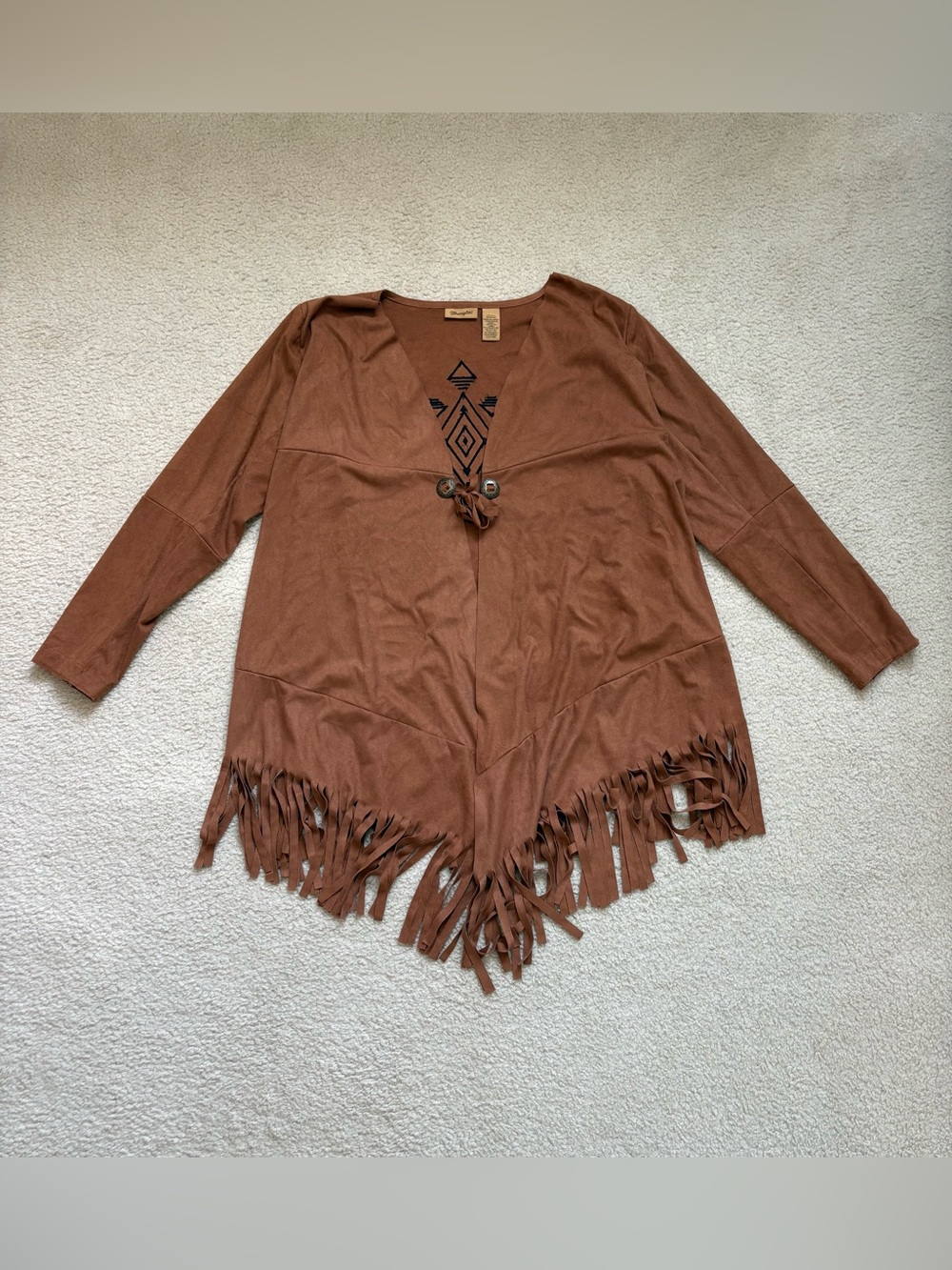 Wrangler brown faux suede fringe cardigan poncho boho Aztec print western sz M